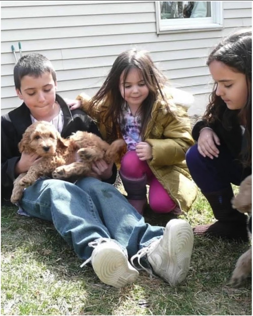 Siblings welcoming a new family dog